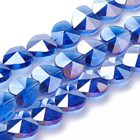Electroplate Glass Beads, AB Color Plated, Faceted, Heart, Blue, 10x10x6.5mm, Hole: 1mm  - 20 pack