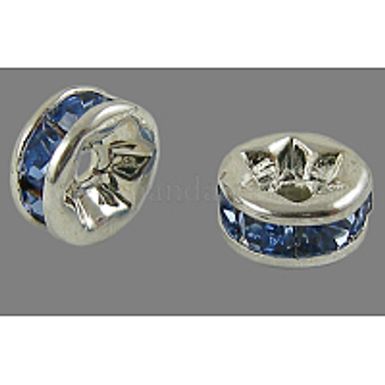 Brass Grade A Rhinestone Spacer Beads, Silver Color Plated, Nickel Free, Lt Sapphire, 4x2mm, Hole: 0.8mm