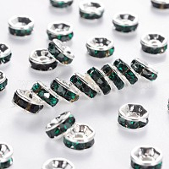 Brass Grade A Rhinestone Spacer Beads, Silver Color Plated, Nickel Free, Emerald, 4x2mm, Hole: 0.8mm