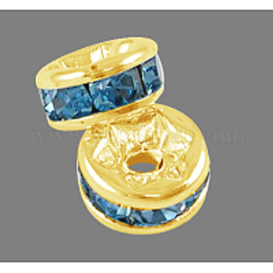 Brass Grade A Rhinestone Spacer Beads, Gold Color Plated, Nickel Free, Aquamarine, 4x2mm, Hole: 0.8mm