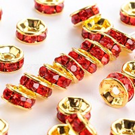 Brass Grade A Rhinestone Spacer Beads, Gold Color Plated, Nickel Free, Lt Siam, 4x2mm, Hole: 0.8mm