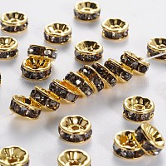 Brass Grade A Rhinestone Spacer Beads, Gold Color Plated, Nickel Free, Black Diamond, 4x2mm, Hole: 0.8mm