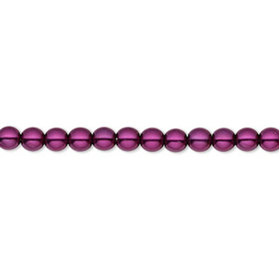 Bead, Czech pearl-coated glass druk, opaque deep magenta, 4mm round. Sold per 15-1/2" to 16" strand.