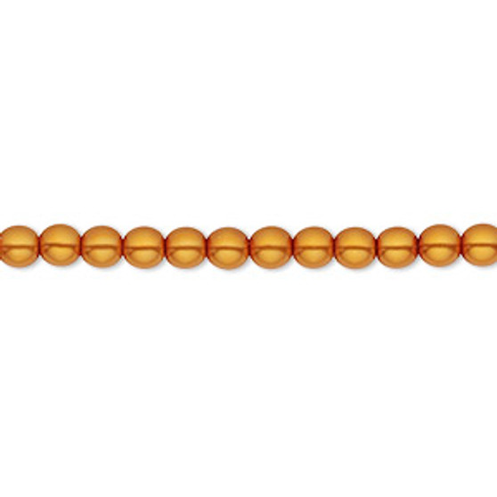 Bead, Czech pearl-coated glass druk, opaque orange-gold, 4mm round. Sold per 15-1/2" to 16" strand.