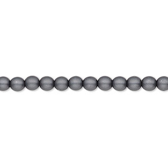 Bead, Czech pearl-coated glass druk, opaque matte dark grey, 4mm round. Sold per 15-1/2" to 16" strand.