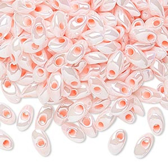 Seed bead, Miyuki, glass, opaque luster pearl color-lined light rose, (LMA427), 7x4mm long magatama. Sold per 50-gram pkg.