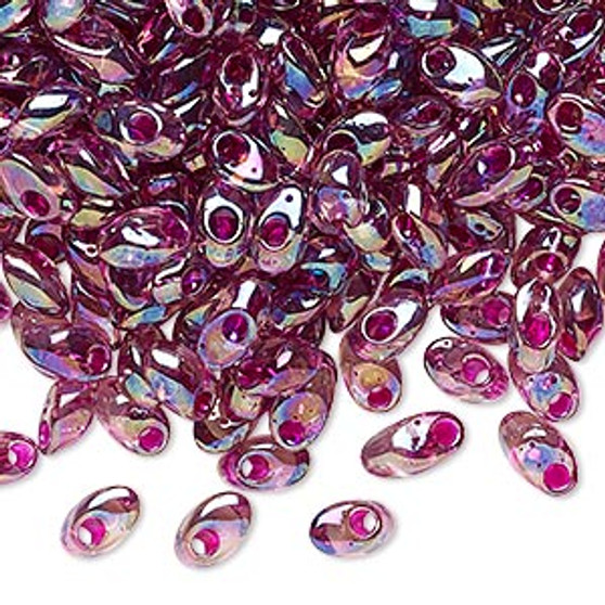 Seed bead, Miyuki, glass, transparent smoky amethyst color-lined rainbow fuchsia, (LMA2170), 7x4mm long magatama. Sold per 50-gram pkg.