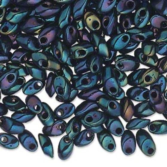Seed bead, Miyuki, glass, opaque metallic rainbow peacock, (LMA452), 7x4mm long magatama. Sold per 50-gram pkg.