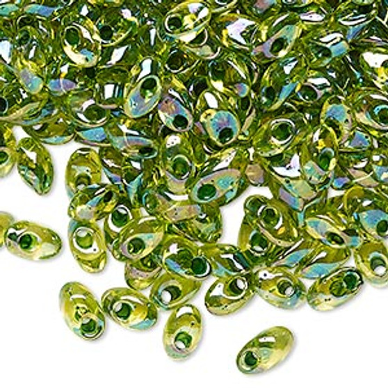 Seed bead, Miyuki, glass, transparent chartreuse color-lined rainbow green, (LMA341), 7x4mm long magatama. Sold per 50-gram pkg.