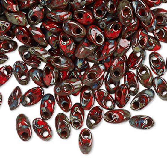Seed bead, Miyuki, glass, opaque Picasso red, (LMA4513), 7x4mm long magatama. Sold per 50-gram pkg.