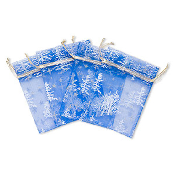 Pouch, organza, multicolored with glitter, 4-3/4 x 3-1/2 inches with Christmas tree pattern and drawstring closure. Sold per pkg of 4.