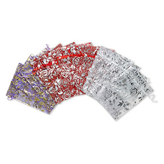 Pouch mix, organza, mixed colors, 4-1/2 x 3 inches with rose pattern and drawstring. Sold per pkg of 12.