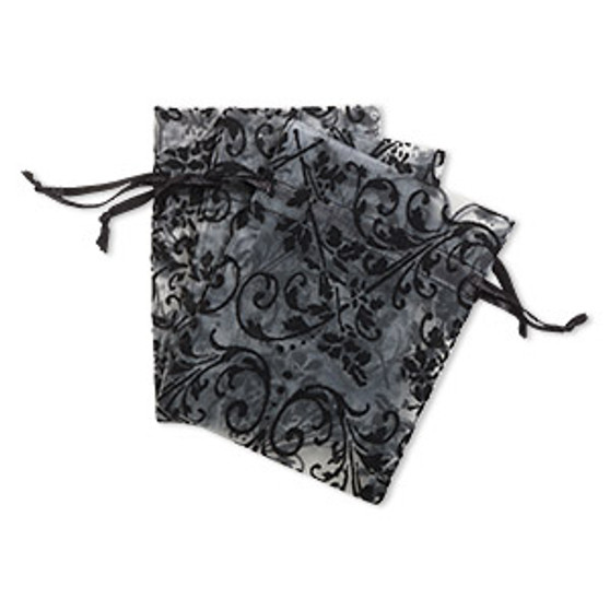 Pouch, satin and flocked organza, grey and black, 4x3-inch rectangle with damask design and drawstring. Sold per pkg of 3.