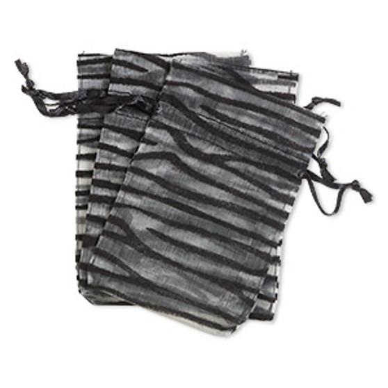 Pouch, satin and flocked organza, grey and black, 4x3-inch rectangle with zebra design and drawstring. Sold per pkg of 3.