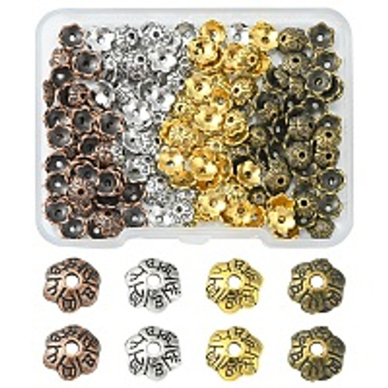 200Pcs 4 Colors 6-Petal Tibetan Style Alloy Flower Bead Caps, Mixed Color, 6x2mm, Hole: 1mm, 50pcs/color