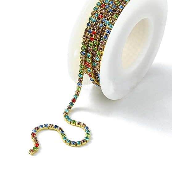 Raw(Unplated) Brass Rhinestone Strass Chains, Rhinestone Cup Chain, Grade A, with Spool, Colorful, 2.2mm, about 11.81 Feet(3.6m)/Roll