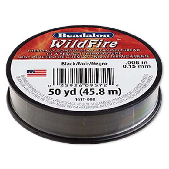 Thread, Beadalon® WildFire™, polyester and plastic, black, 0.15mm with bonded coating, 10-pound test. Sold per 50-yard spool.