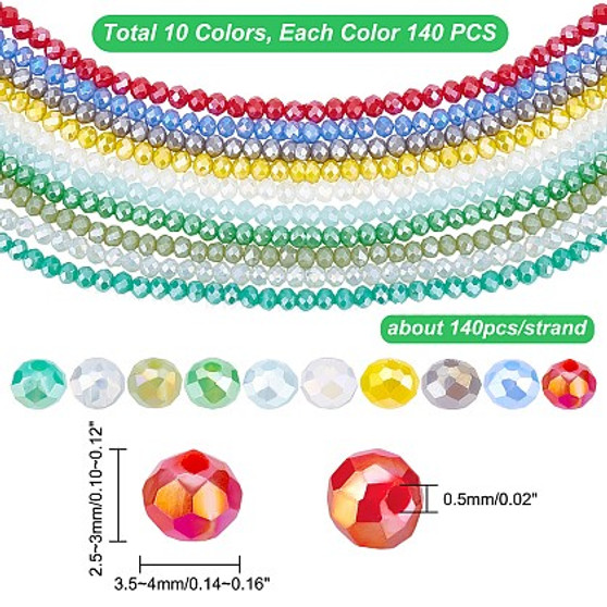 Electroplate Glass Beads Strands, AB Color Plated, Faceted, Rondelle, Mixed Color, 10 strands