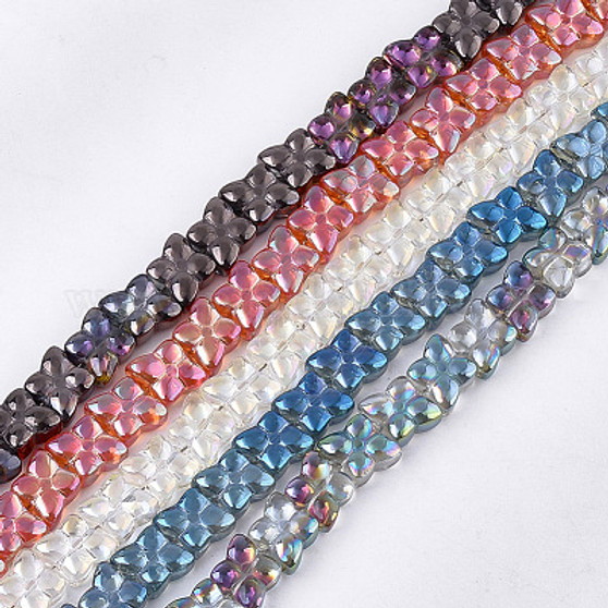 5 Strands - Electroplate Glass Beads, Flower, Mixed Colour, 9x9x5mm, Hole: 0.9mm, about 80pcs/strand, 25.1 inch