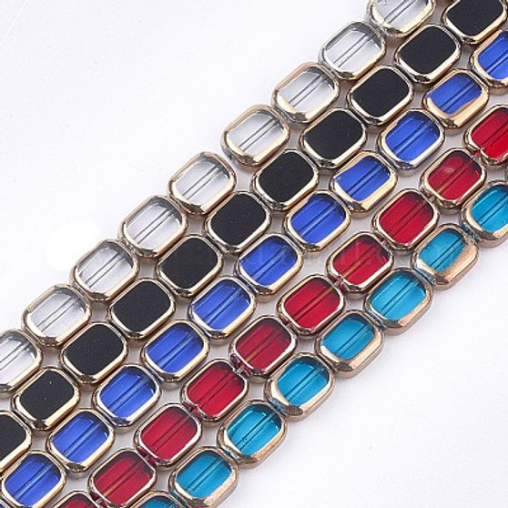 10 Strands - Electroplate Glass Beads, Edge Plated, Rectangle, Mixed Colour, 9.5~10x7.5~8x4mm, Hole: 1mm, about 30pcs/strand, 11.4 inch