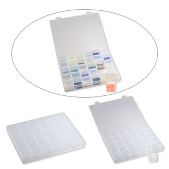 Organizer box, plastic, clear, 8-1/2 x 7 x 1-inch rectangle, (30) containers with snap top. Sold individually.
