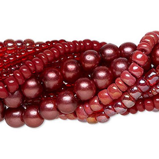 Bead assortment, glass, opaque to transparent light to dark copper red, 3x1mm-6mm round and irregular rondelle. Sold per pkg of (8) 14-inch strands, approximately 1,200 beads.