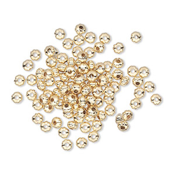 Bead, gold-plated brass, 3x2mm corrugated rondelle. Sold per pkg of 1,000.