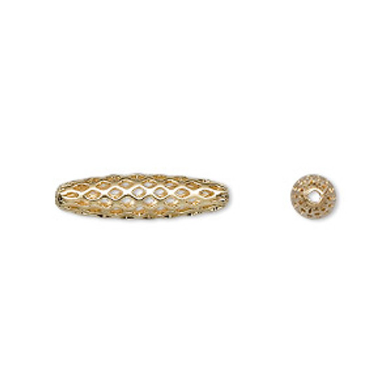 Bead, gold-plated brass, 19x5mm weave oval with cutouts. Sold per pkg of 10.