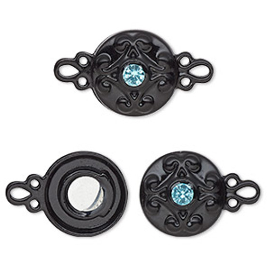 Clasp, magnetic, black-finished "pewter" (zinc-based alloy) and glass, aqua blue, 12mm double-sided round. Sold per pkg of 2.