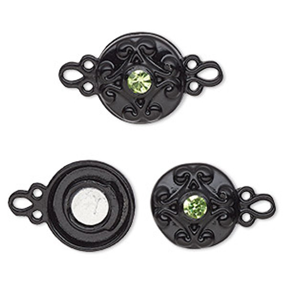 Clasp, magnetic, black-finished "pewter" (zinc-based alloy) and glass, green, 12mm double-sided round. Sold per pkg of 2.