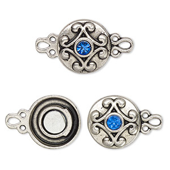 Clasp, magnetic, silver-finished "pewter" (zinc-based alloy) and glass, blue, 12mm double-sided round. Sold per pkg of 2.