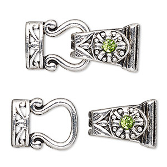 Clasp, magnetic, silver-finished "pewter" (zinc-based alloy) and glass, green, 29x13mm 2-strand fold-over. Sold per pkg of 2.