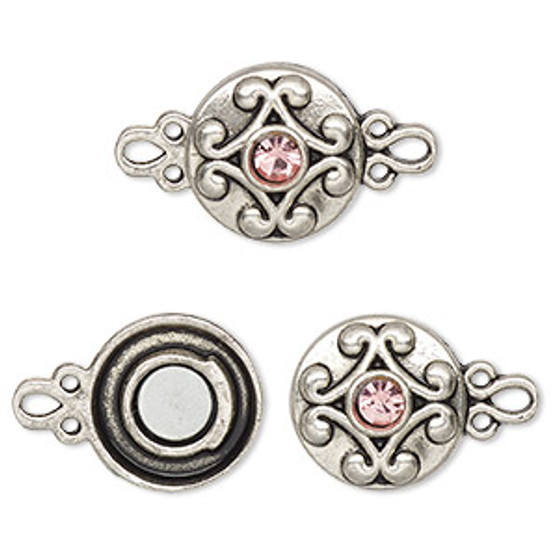 Clasp, magnetic, silver-finished "pewter" (zinc-based alloy) and glass, pink, 12mm double-sided round. Sold per pkg of 2.