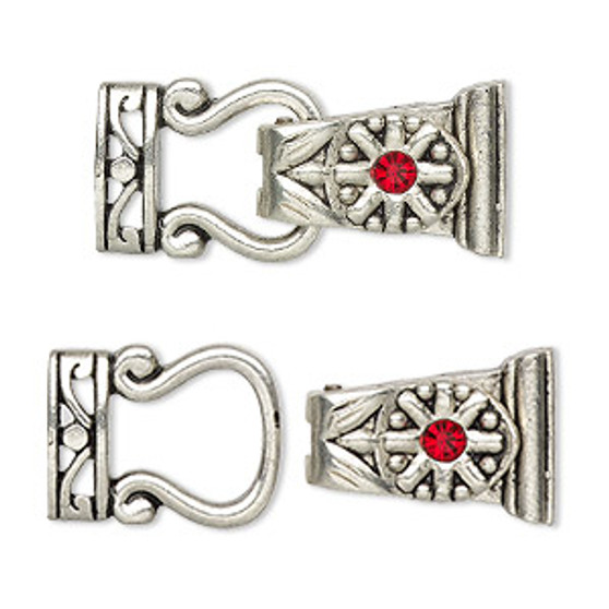 Clasp, magnetic, silver-finished "pewter" (zinc-based alloy) and glass, red, 29x13mm 2-strand fold-over. Sold per pkg of 2.