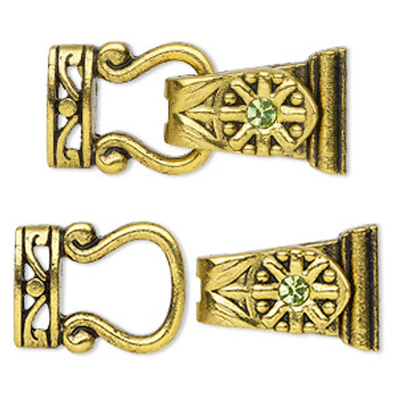 Clasp, magnetic, gold-finished "pewter" (zinc-based alloy) and glass, green, 29x13mm 2-strand fold-over. Sold per pkg of 2.