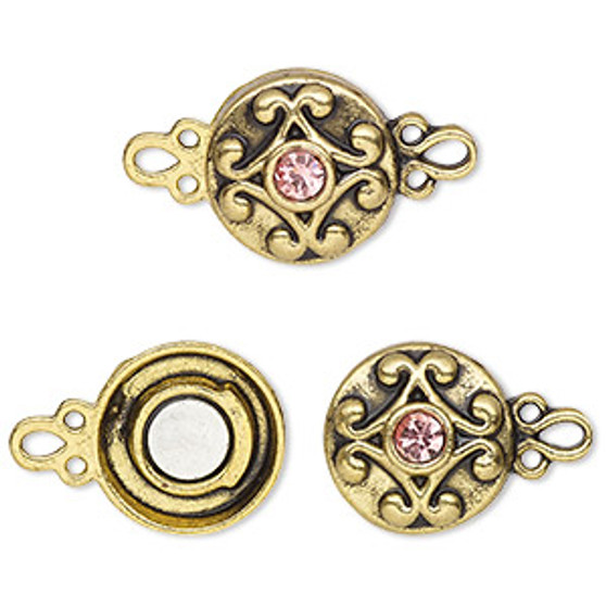 Clasp, magnetic, gold-finished "pewter" (zinc-based alloy) and glass, pink, 12mm double-sided round. Sold per pkg of 2.