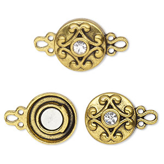 Clasp, magnetic, gold-finished "pewter" (zinc-based alloy) and glass, clear, 12mm double-sided round. Sold per pkg of 2.