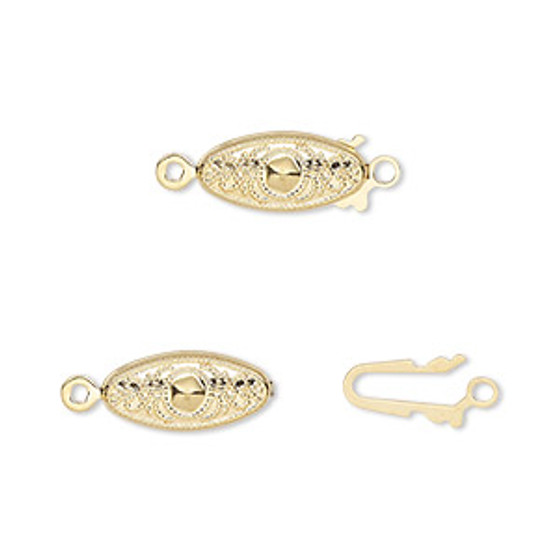 Clasp, fishhook, gold-plated brass, 13x7mm filigree oval. Sold per pkg of 10.