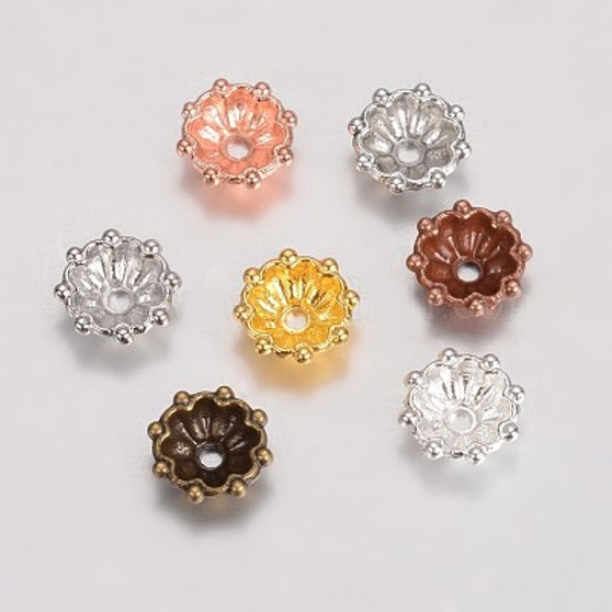 Alloy Fancy Bead Caps, Multi-Petal Flower, Mixed Colour, 8x3mm, Hole: 1mm, 100pack