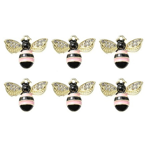 6Pcs Rack Plating Alloy Enamel Pendants, with Crystal Rhinestone, Cadmium Free & Nickel Free & Lead Free, Light Gold, Bees, Pink, 19x23x5mm, Hole: 1.4mm