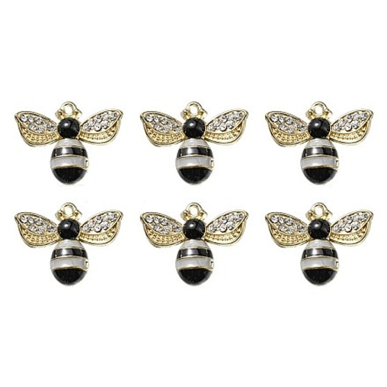 6Pcs Rack Plating Alloy Enamel Pendants, with Crystal Rhinestone, Cadmium Free & Nickel Free & Lead Free, Light Gold, Bees, Light Grey, 19x23x5mm, Hole: 1.4mm