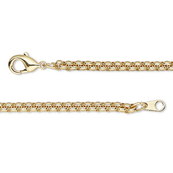 Chain, gold-finished brass, 3mm rolo, 16 inches with lobster claw clasp. Sold individually.