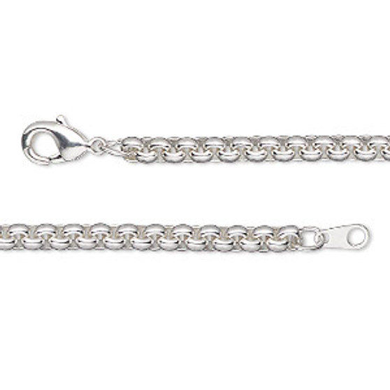 Chain, silver-plated brass, 3.5mm rolo, 16 inches with lobster claw clasp. Sold individually.
