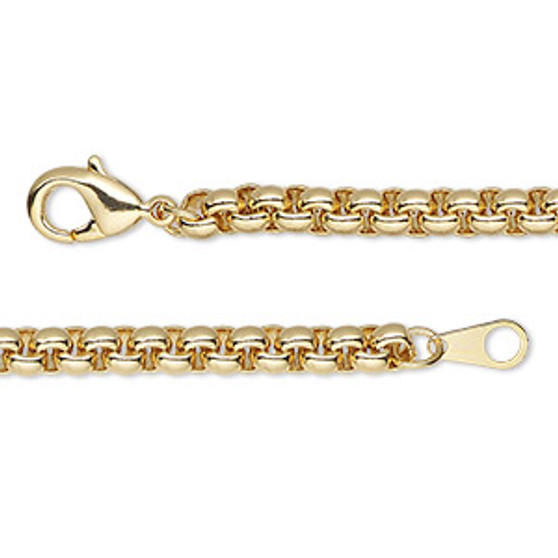 Chain, gold-finished brass, 4.6mm rolo, 16 inches with lobster claw clasp. Sold individually.