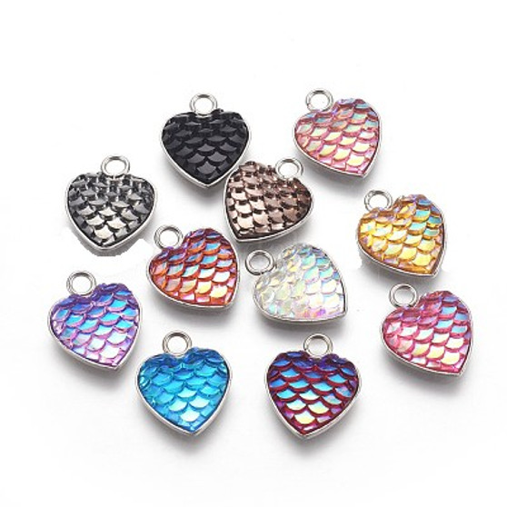30 x 304 Stainless Steel Pendants, with Resin, Heart with Fish Scale Shape, Mixed Color, 16x13x3.5mm, Hole: 2mm