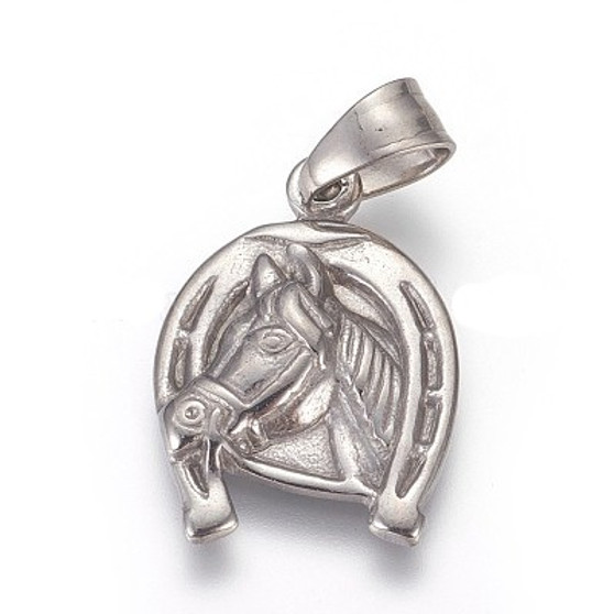 10 x 304 Stainless Steel Pendants, Horse with Horseshoe, 24.5x17x3mm, Hole: 5x7.5mm