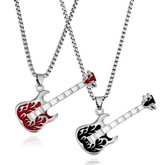 2Pcs, 2 Colour Couple Necklaces, Iron Guitar Pendant with Enamel for Best friend Lovers, Mixed Colour, 27.17 inch(69cm), 1Pc/colour