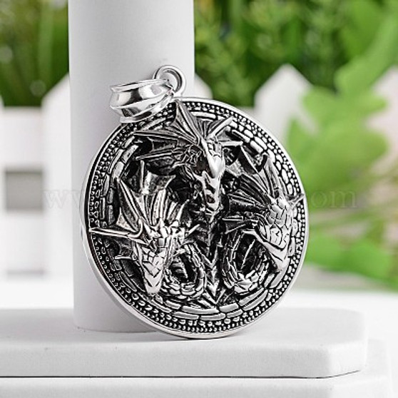 4 x Flat Round with Dragons 304 Stainless Steel Pendants, Antique Silver, 57.5x50.5x11mm, Hole: 13x8mm