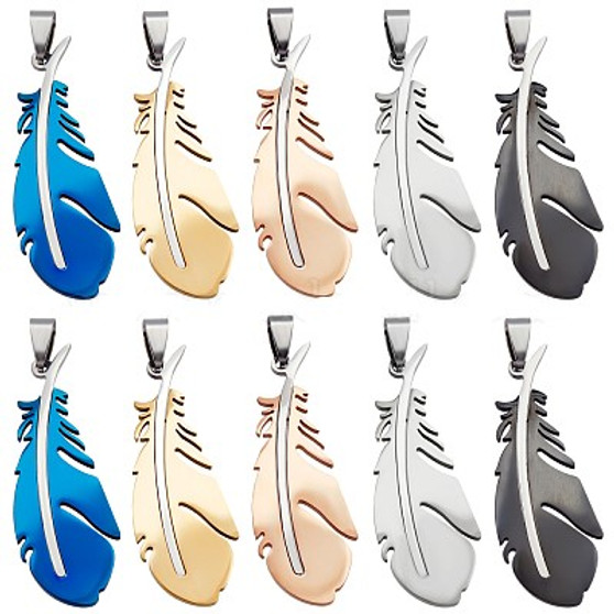 10Pcs, 5 Colours Feather Pendants 201 Stainless Steel Charms 49mm