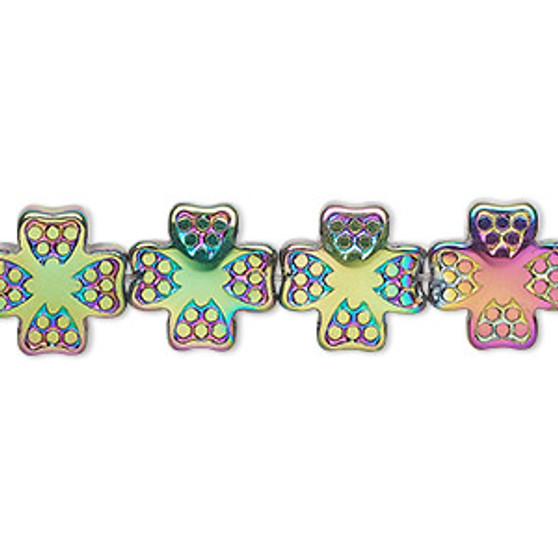 Bead, pressed glass, opaque iris multicolored, 12mm cross. Sold per 15-1/2" to 16" strand.